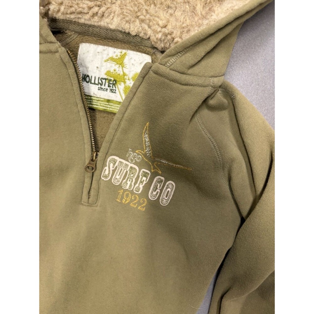 Hollister Olive Sherpa Lined Half Zip Hoodie Cozy Fleece Pullover